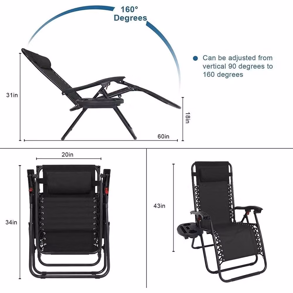 EONLION Zero Gravity Reclining Sun Lounger in Black with Textilene Fabric and Powder Coated Steel Frame – 3