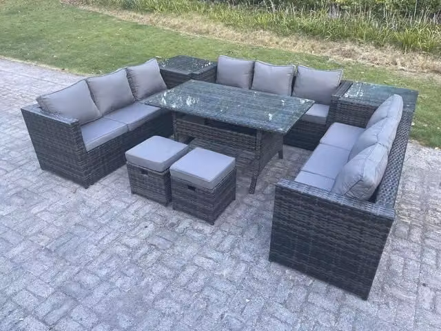 Fimous 11 Seater Outdoor Rattan Garden Furniture Set in Dark Grey with Upholstered Cushions, Rectangular Table, 2 Stools, 2 Side Tables and Ottoman