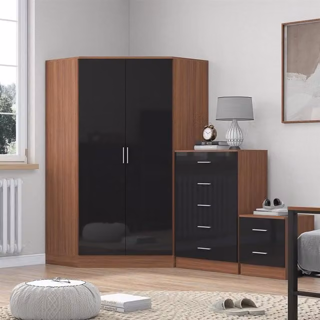 REFLECT Bedroom Furniture Bundle with Corner Wardrobe, Chest of Drawers and 2 Drawer Bedside Tables in Black Gloss and Matt Walnut