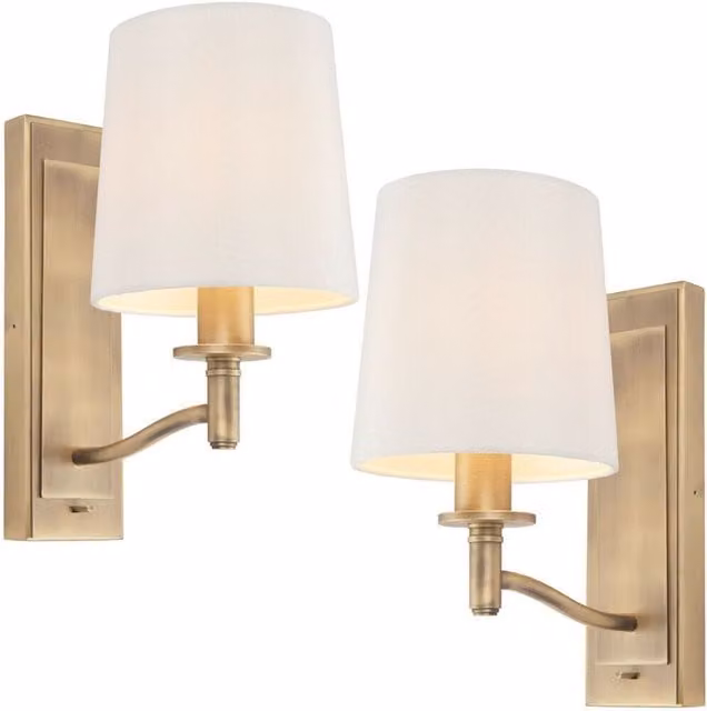 Loops 2 Pack Dimmable LED Wall Lights in Antique Brass and White Fabric