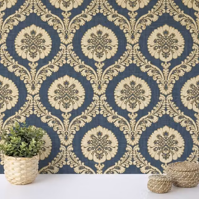 Wallquest Caspia Traditional Damask Floral Botanical Wallpaper in Blue, Cream and Silver