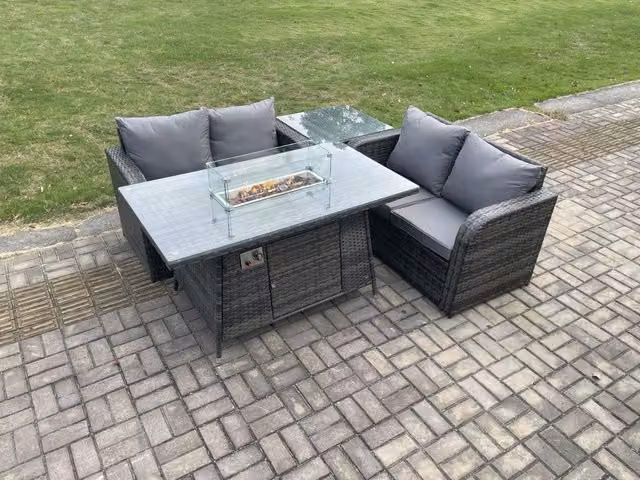 Fimous 4 Piece Rattan Garden Furniture Set with Gas Fire Pit Table in Dark Grey