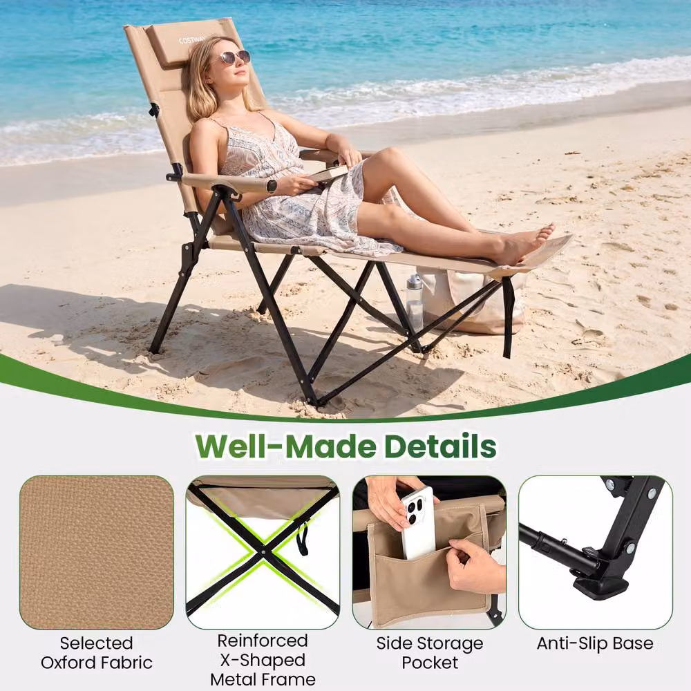 Costway 2-in-1 Reclining Camping Chair with Footrest and Adjustable Headrest in Beige – 5