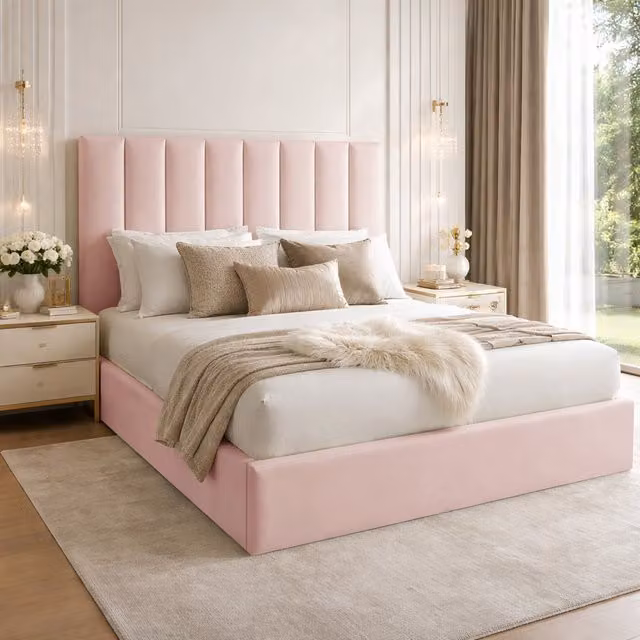 Desire Deco Suenna Plush Velvet Upholstered Panel Bed Frame, Pink, W: 120 cm, D: 200 cm