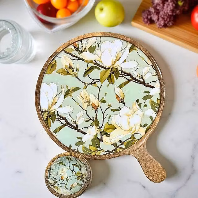 Hartsmede Round Charcuterie Board with Dip Bowl in Green Floral Snowbell Design – 1