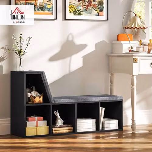 HOMCOM Modern Geometric Black Bookcase Storage Shelf with Cushioned Reading Seat, W/D/H: 108 x 30 x 60 cm – 2
