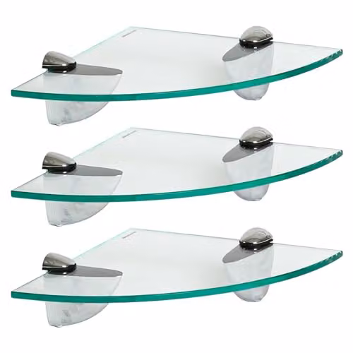 Harbour Housewares Pack of 3 Floating Glass Corner Shelves with Silver Metal Brackets for Bathroom and Kitchen Storage – 1