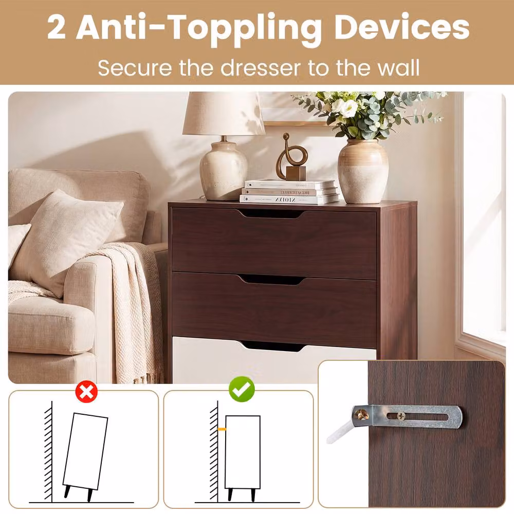 Gymax Modern 3-Drawer Wooden Dresser and Nightstand with Metal Legs in Brown – 5