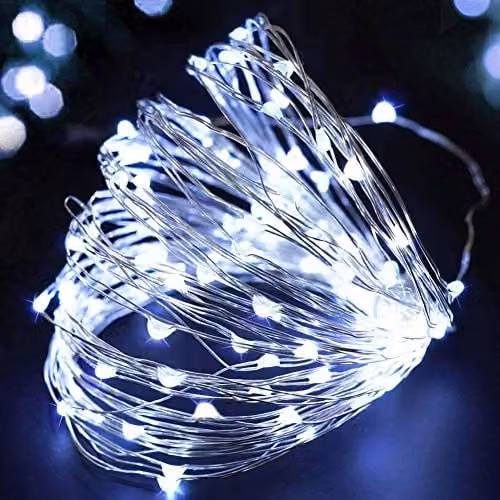 SHATCHI 100 LED Cool White Battery Operated Fairy String Lights with Silver Wire, 10m Length, Waterproof IP44 for Indoor and Outdoor Decoration