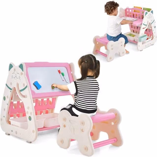 COSTWAY 3-in-1 Kids Art Easel with Stool and Whiteboard, Pink