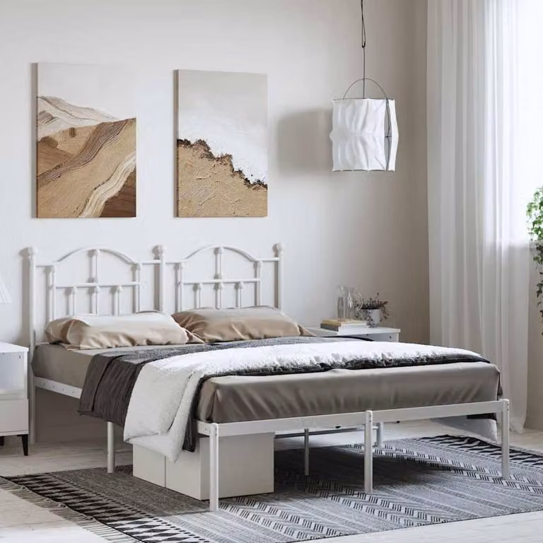 Berkfield Home Metal Bed Frame with Headboard in White, W: 150 cm, L: 200 cm