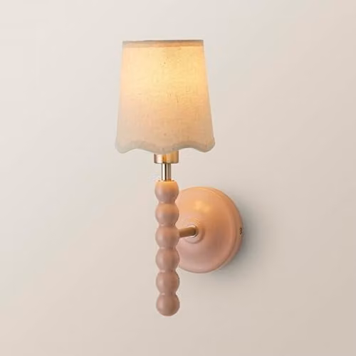 ValueLights Bobbins Pale Pink Wall Light with Scalloped Fabric Shade and Wood Details