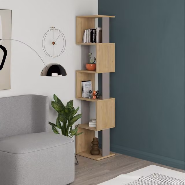 Decortie Piri Modern Five Tier Bookcase in Grey and Brown, H 161 cm x W 30 cm x D 30 cm