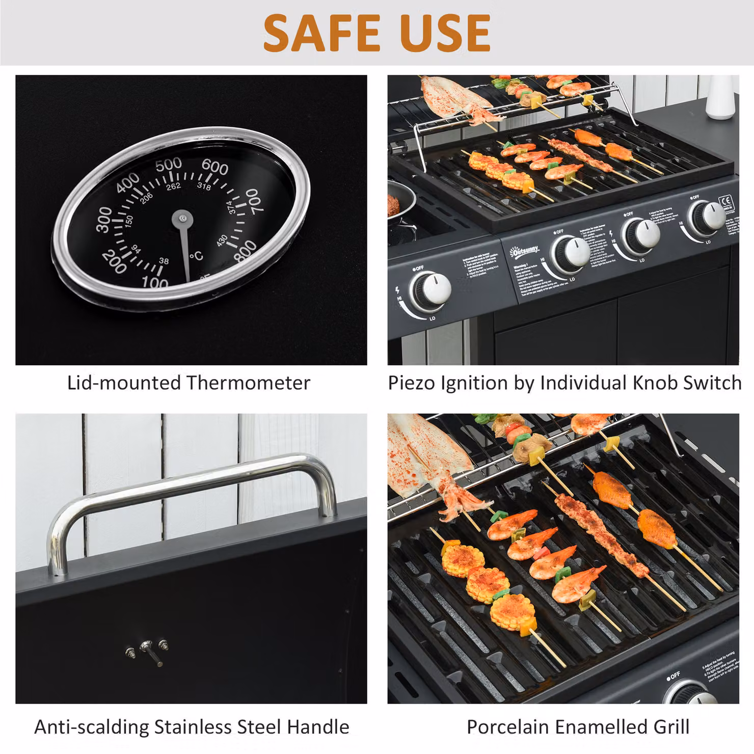 Outsunny Gas BBQ Grill with 3+1 Burners, Side Burner, Warming Rack and Side Shelves, Black, W/D/H: 110 x 50 x 100 cm – 9