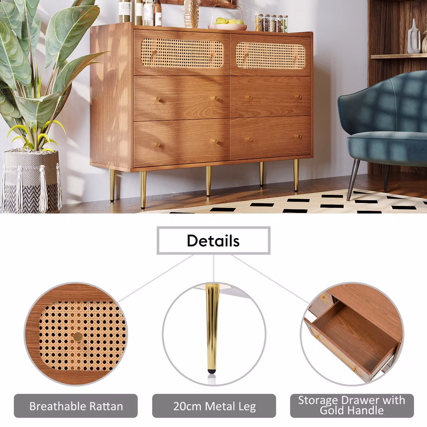 Aosom UK Vintage Rattan Sideboard Cabinet with 6 Drawers, Walnut and Gold, W/D/H: 120 x 40 x 90 cm – 3