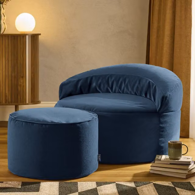 ICON Orb Accent Chair and Milano Round Footstool in Matt Navy Blue Velvet – 1