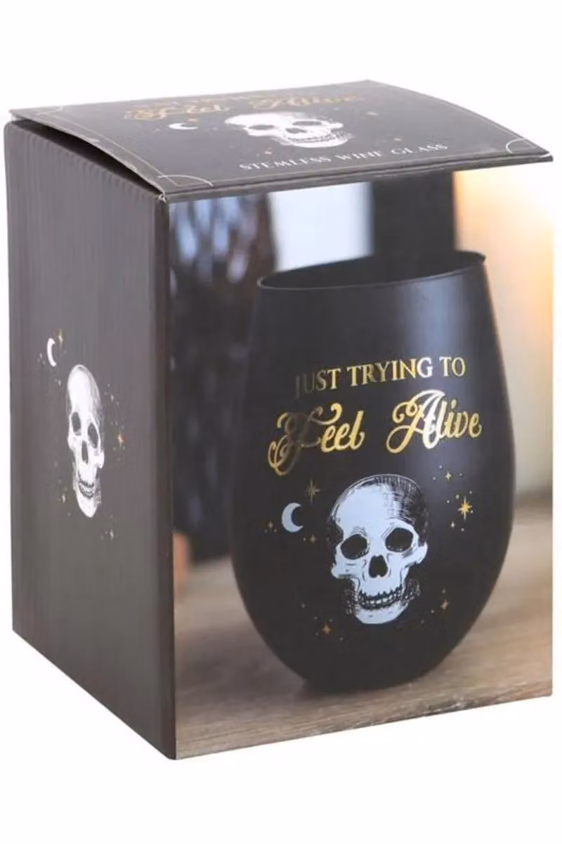 KDMD Trying to Feel Alive Stemless Wine Glass in Black and Gold – 6