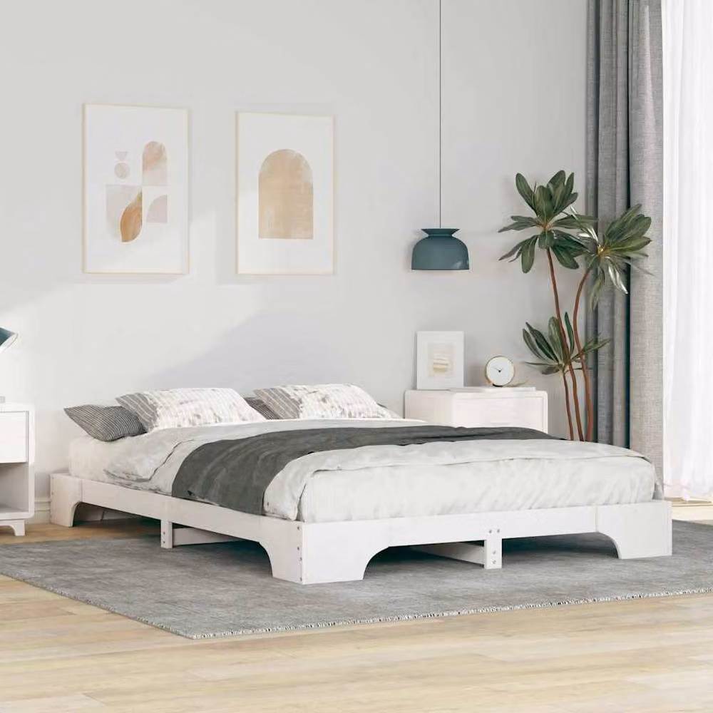 Berkfield Home White Solid Pine Wood Floor Bed Frame with Lift Up Storage W: 140 cm, D: 220 cm – 2
