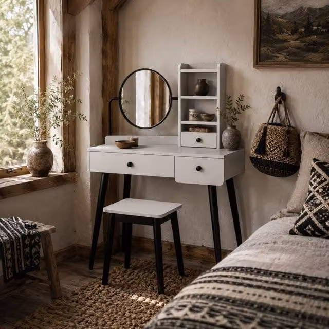 Wyld Haus Ravato Grey Dressing Table and Stool Set with 3 Drawers and Open Shelving