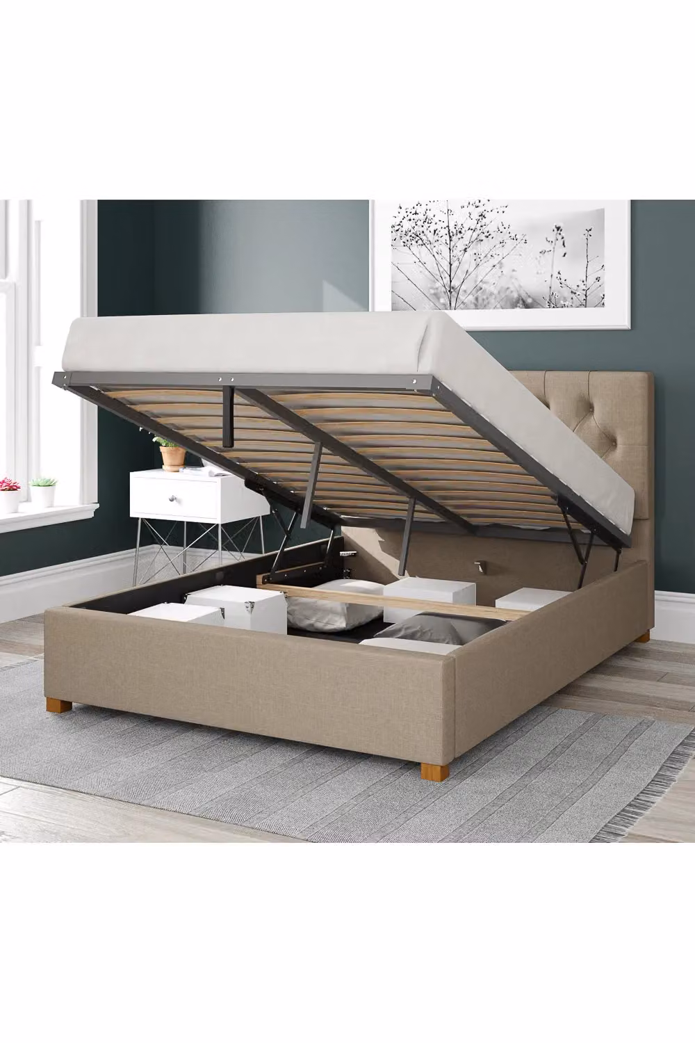 Aspire Olivier Upholstered Ottoman Storage Bed in Beige Linen Fabric, Size: Double (140 x 200 cm) – 2