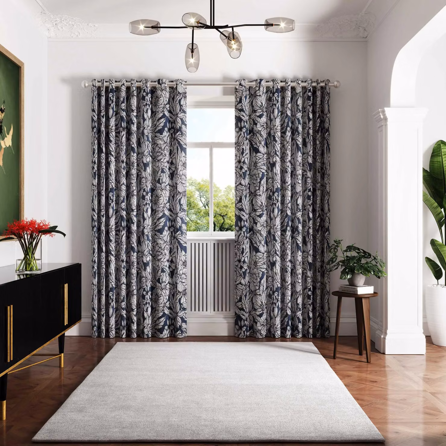 Ted Baker Vietnm Floral Lined Eyelet Curtains in Blue and Silver, W: 228.6 cm, H: 137.16 cm – 2