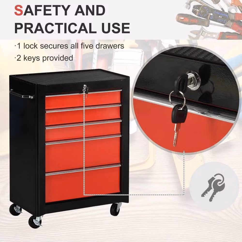 EONLION 5-Drawer Lockable Steel Tool Storage Cabinet with Wheels in Red, W/D/H: 100 x 50 x 100 cm – 3