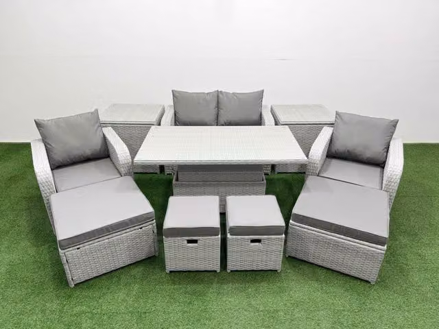 Fimous 10 Piece Modern Dining Table Set with Reclining Chairs and Inclining Love Sofa in Light Grey