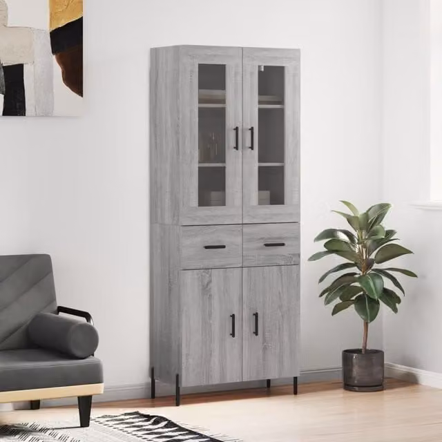 Berkfield Home Modern Grey Sonoma Highboard with Doors and Drawers, W/D/H: 69.5 x 34 x 180 cm