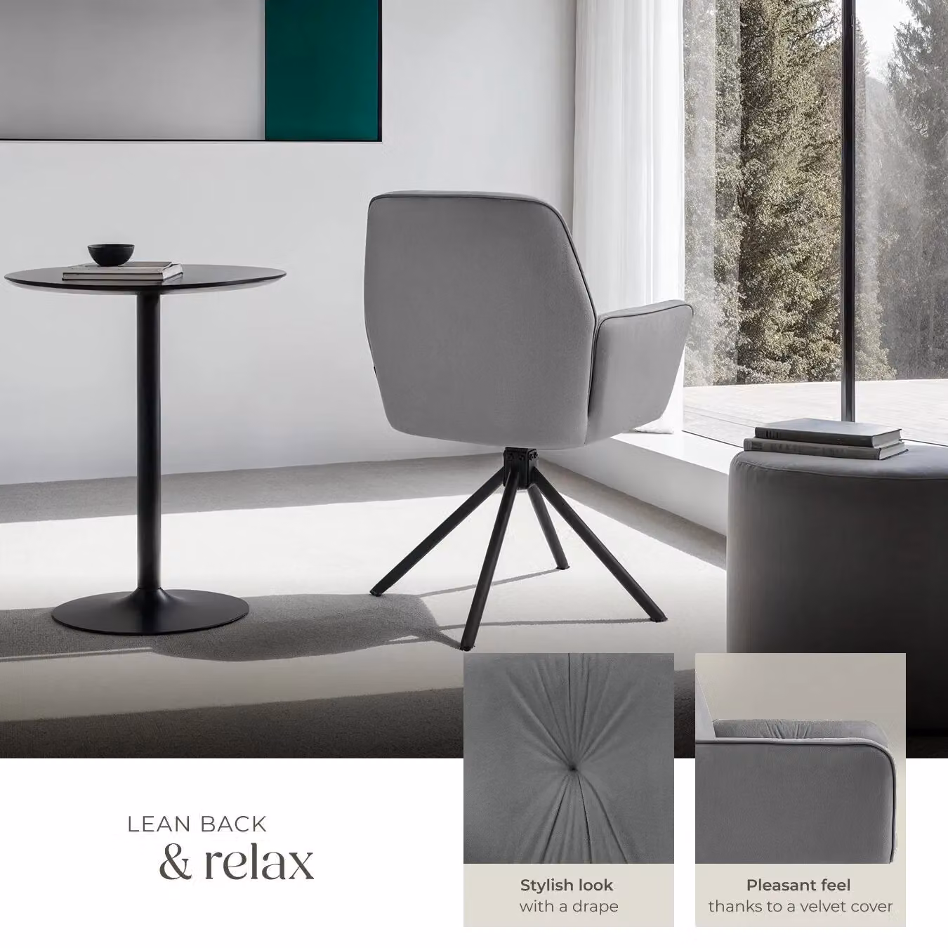 tectake Lenia Set of 4 Swivel Dining Chairs in Dark Grey Velvet Look with Anthracite and Black Accents – 4