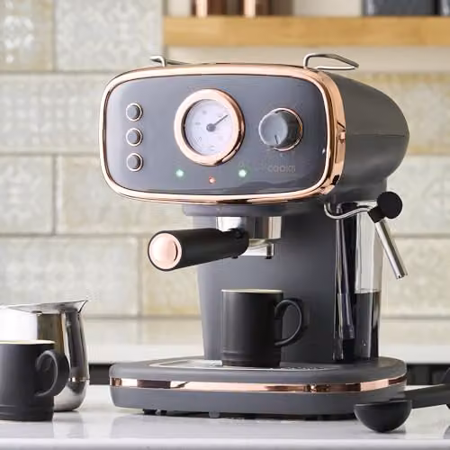 Cooks Professional 15-Bar Retro Espresso Coffee Machine with Steam Wand and 1.2L Removable Water Tank in Grey and Copper – 2