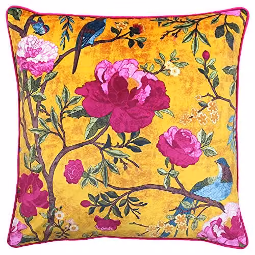 Paoletti Gold and Pink Floral Velvet Square Cushion with Hollow Fibre Filling, W/D/H: 50 x 50 x 5 cm