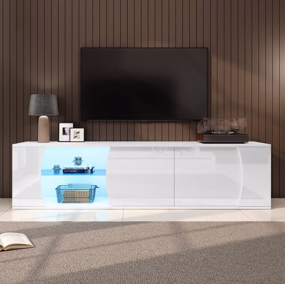 STILVORA White Glossy Modern TV Stand with LED for up to 80 Inch TVs – 2