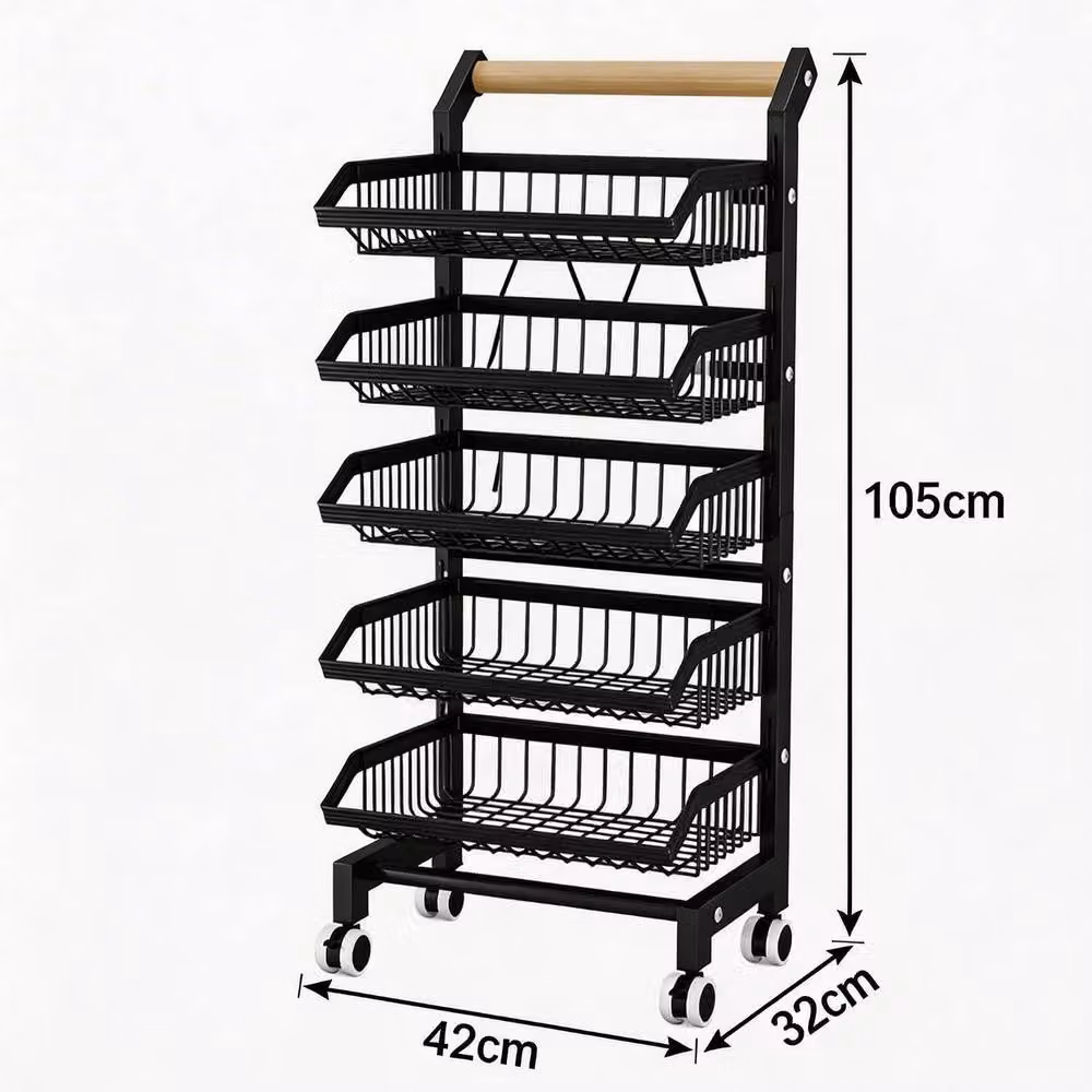 London Boutique 3/5-Tier Carbon Steel Rolling Kitchen Trolley and Vegetable Rack in Matt Black, Height: 105 cm – 3