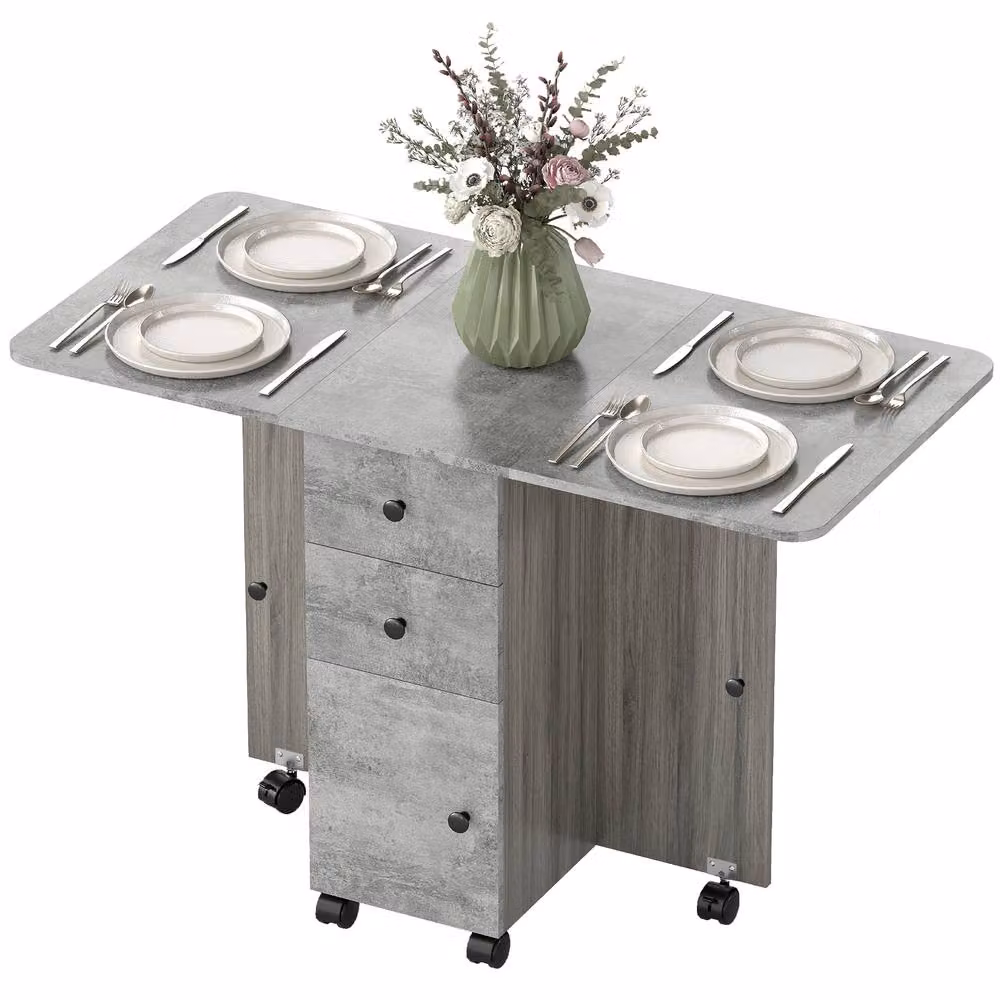 STILVORA Modern Grey Drop Leaf Dining Table with Castors – 4
