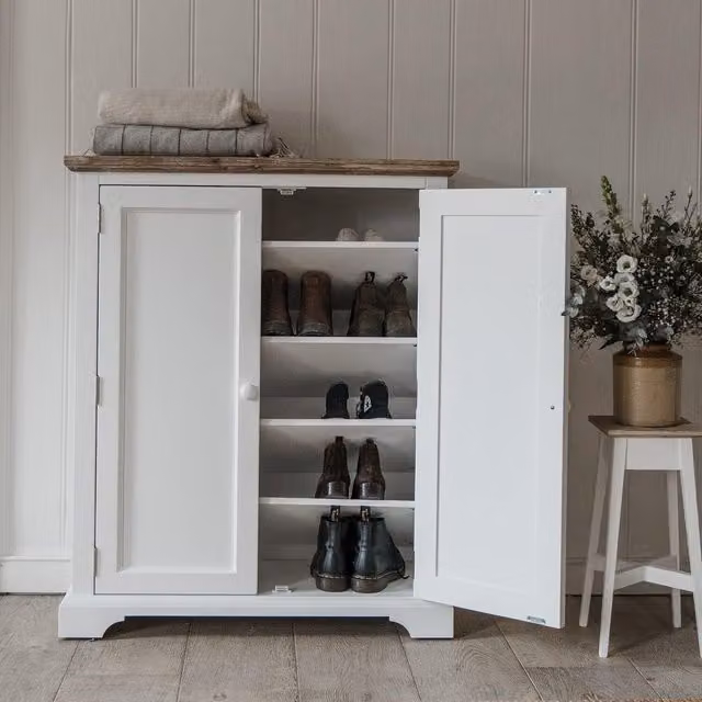 Florence White Acacia Wood Shoe Storage Cabinet with Hinged Doors and Internal Shelves W/D/H: 110 x 36 x 90.5 cm