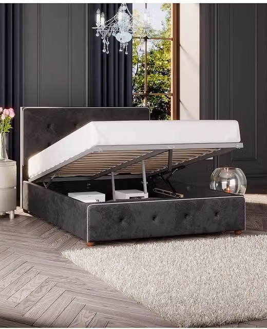 Laurence Llewelyn-Bowen Hesper Ottoman Storage Bed in Black Mirazzi Velvet Fabric, Double W/D/H: 140 x 200 cm – 1