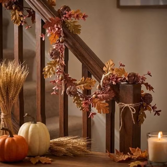 Garden Greatness Autumnal Magnolia and Leaf Garland in Multicolour Red and Orange