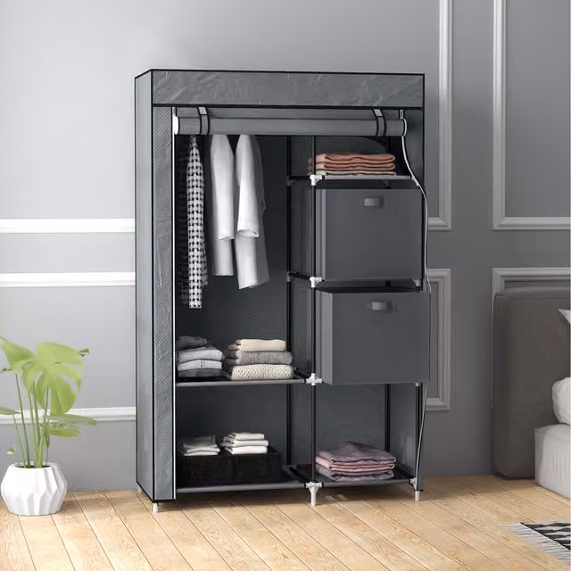 HOMCOM Portable Wardrobe Clothes Cabinet with 2 Fabric Drawers and Hanging Rod, Dark Grey