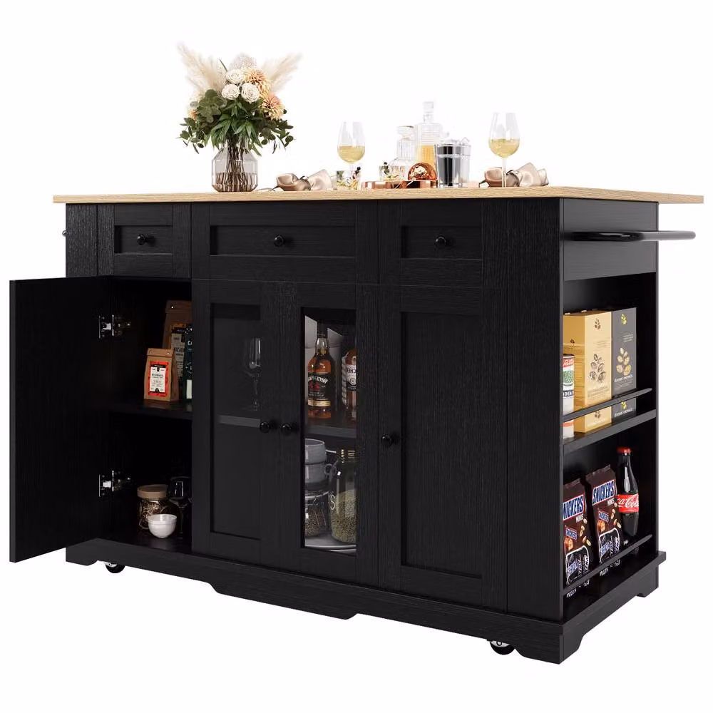 BTM Kitchen Island with Removable Partitions and Glass Cabinet in Black, W/D/H: 120 x 60 x 91.7 cm – 6
