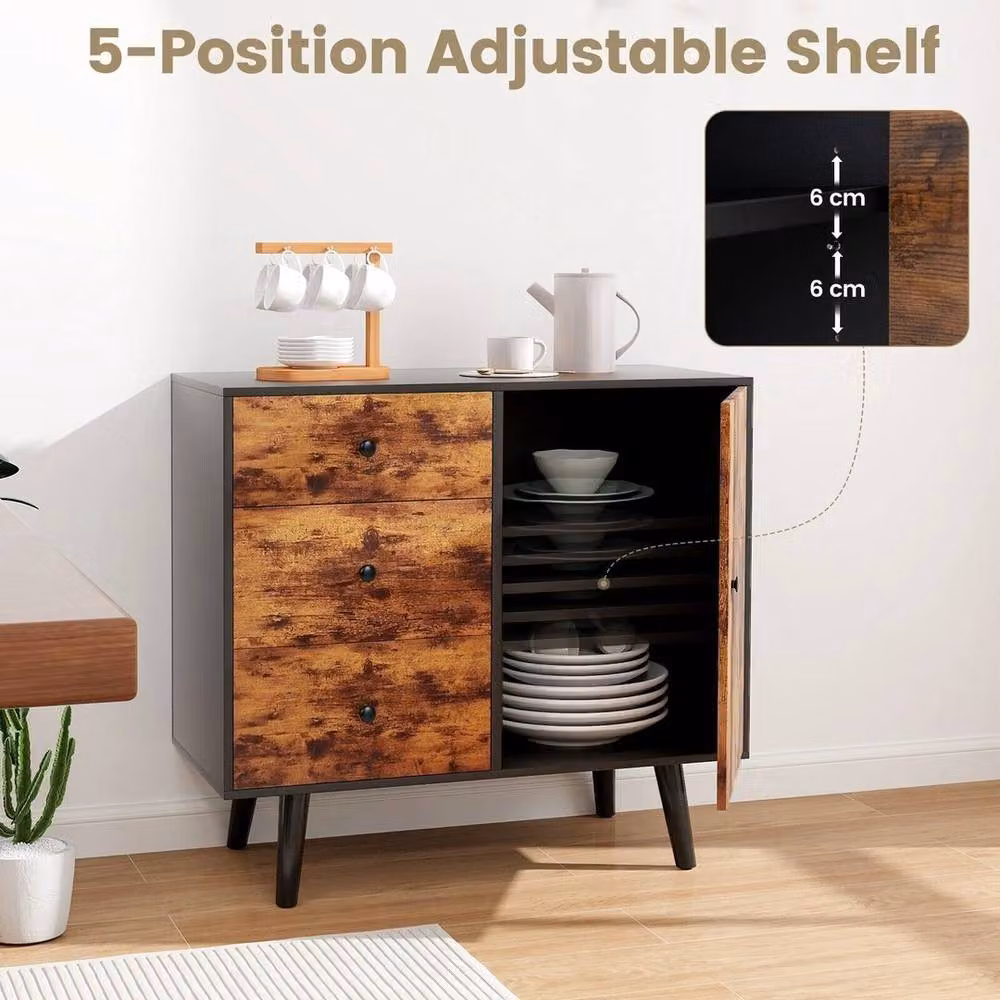VOGREX Industrial Rubberwood Sideboard Cabinet with 3 Drawers and 1 Door in Brown – 3