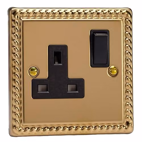 Varilight 1 Gang 13 Amp Single Switched Socket in Georgian Brass with Black and Yellow Plate – 1