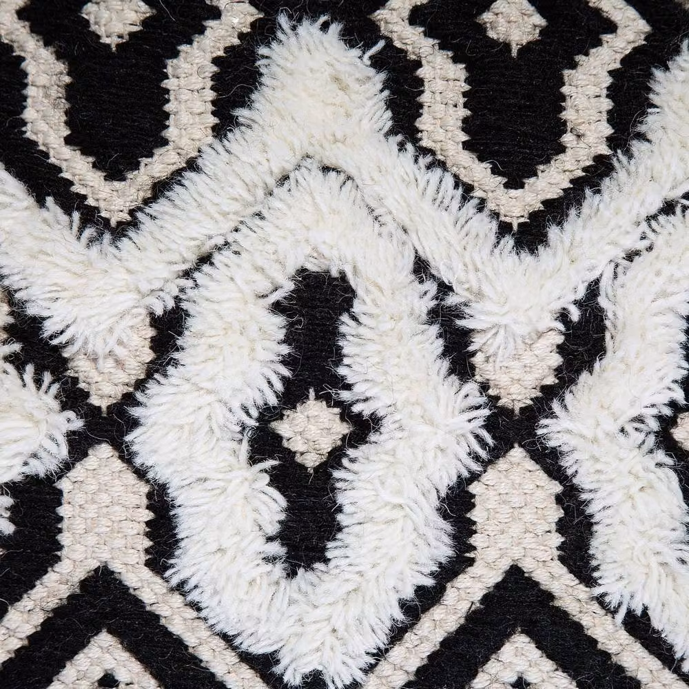 Wyld and Coco Boho Geometric Wool and Cotton Pouffe, Black and White, W/D/H: 45 x 45 x 45 cm – 6