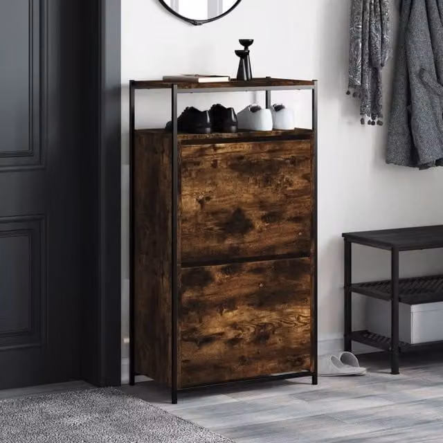 Berkfield Home Smoked Oak Shoe Cabinet in Brown, W/D/H: 60 x 34 x 112 cm