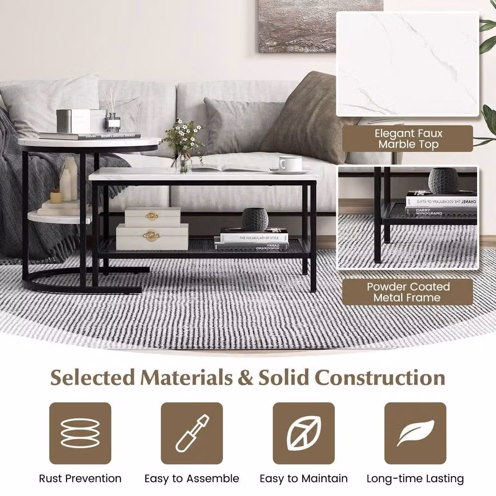 CASART Set of 2 Nesting Coffee and Side Tables with Black Faux Marble Effect Tops – 6