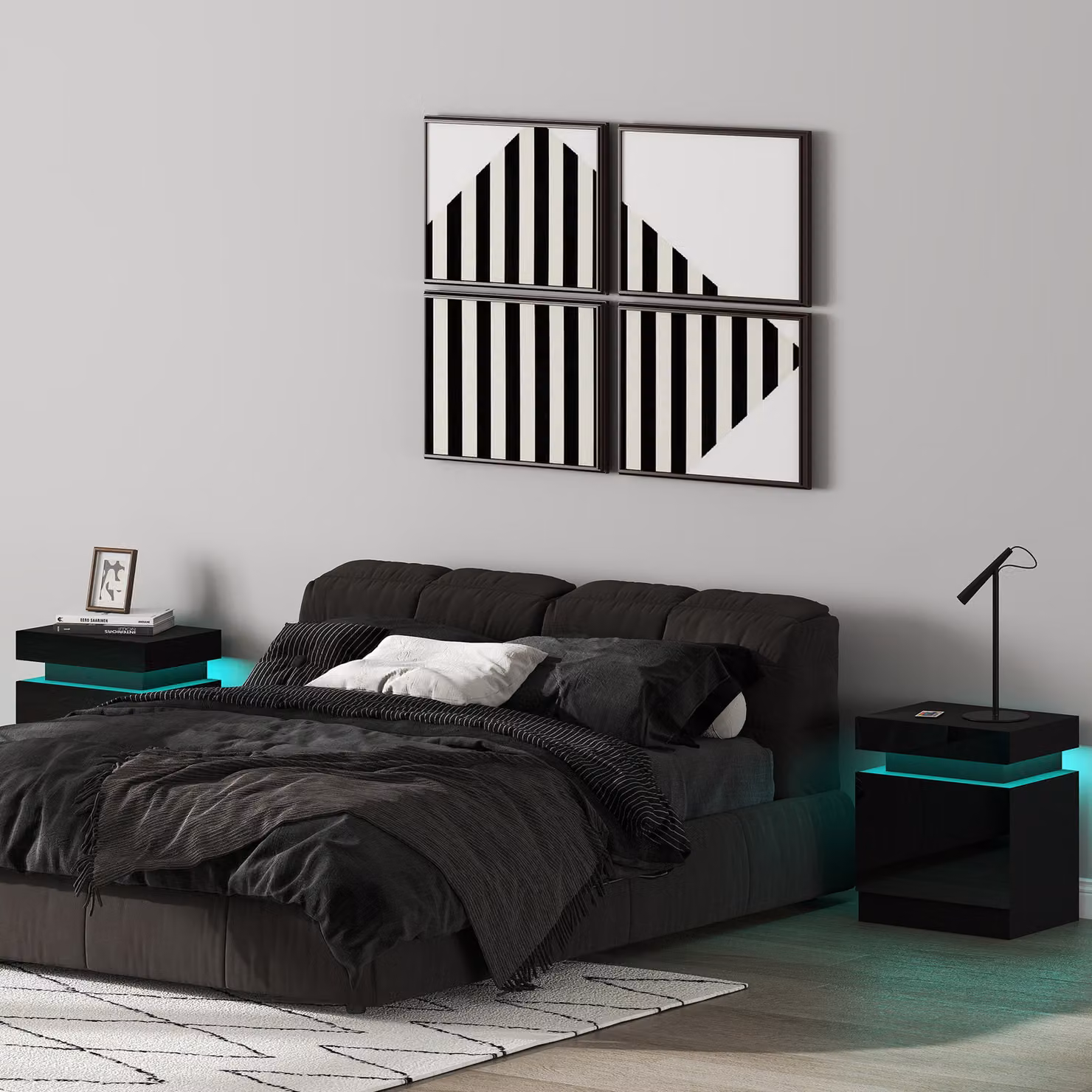 HOMCOM Set of 2 High Gloss Black Bedside Tables with RGB LED Lighting and 2 Drawers – 2