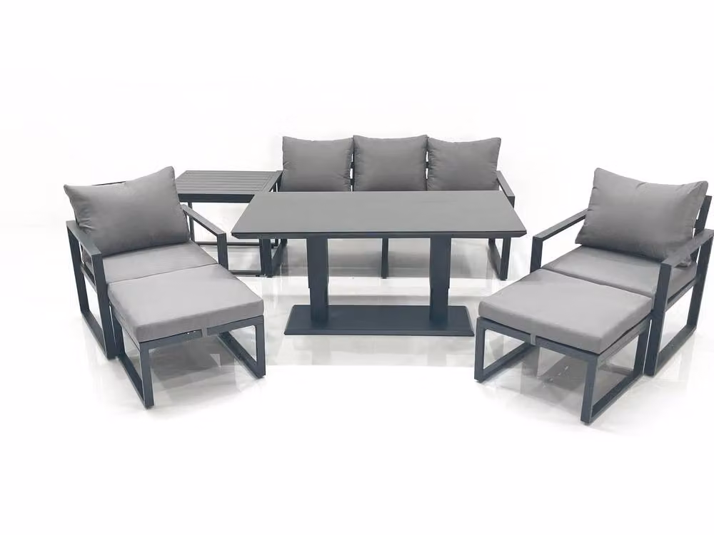 Fimous Outdoor Aluminium Garden Furniture Set in Dark Grey with Adjustable Rising Dining Table, 3 Seater Sofa, 2 Chairs, 2 Large Footstools and Side Table – 2