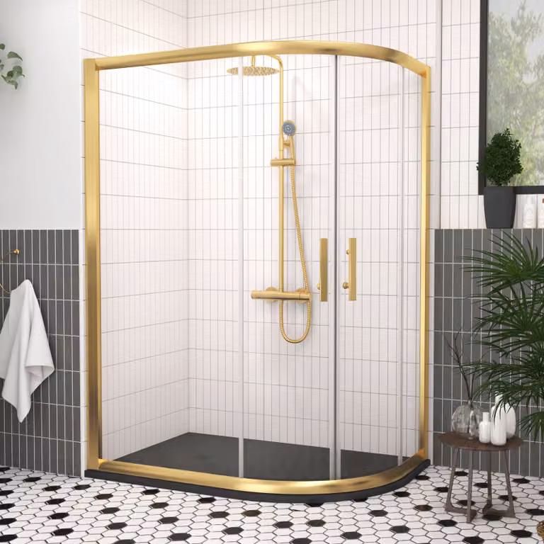 Royal Bathrooms Venice Offset Quadrant Shower Enclosure with Black Stone Mineral Cast Tray, Brushed Brass and Black, W: 120 cm, D: 80 cm, 6mm Double Sliding Door