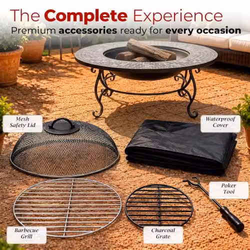 Centurion Supports Fireology Ginessa Garden Fire Pit Brazier and Coffee Table with Mosaic Ceramic Tiles in Grey and Black – 4