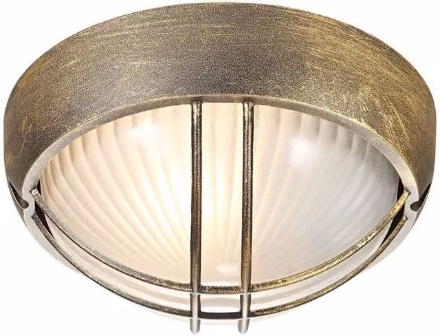 Happy Homewares Die Cast Aluminium Outdoor Circular Bulkhead Porch or Wall Light in Gold/Brass