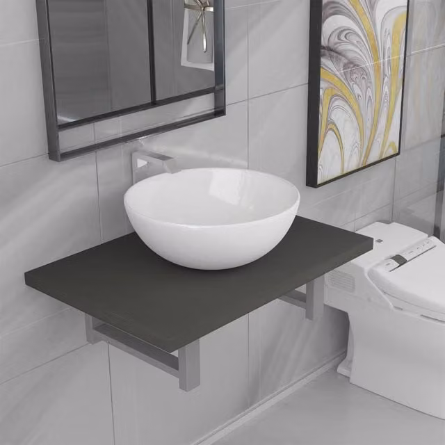 Berkfield Home Two Piece Wall Mounted Glossy Ceramic Bathroom Furniture Set in Grey – 1
